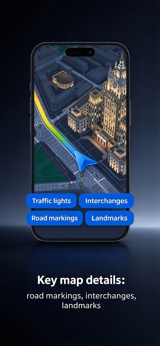 Key map details: road markings, interchanges, landmarks