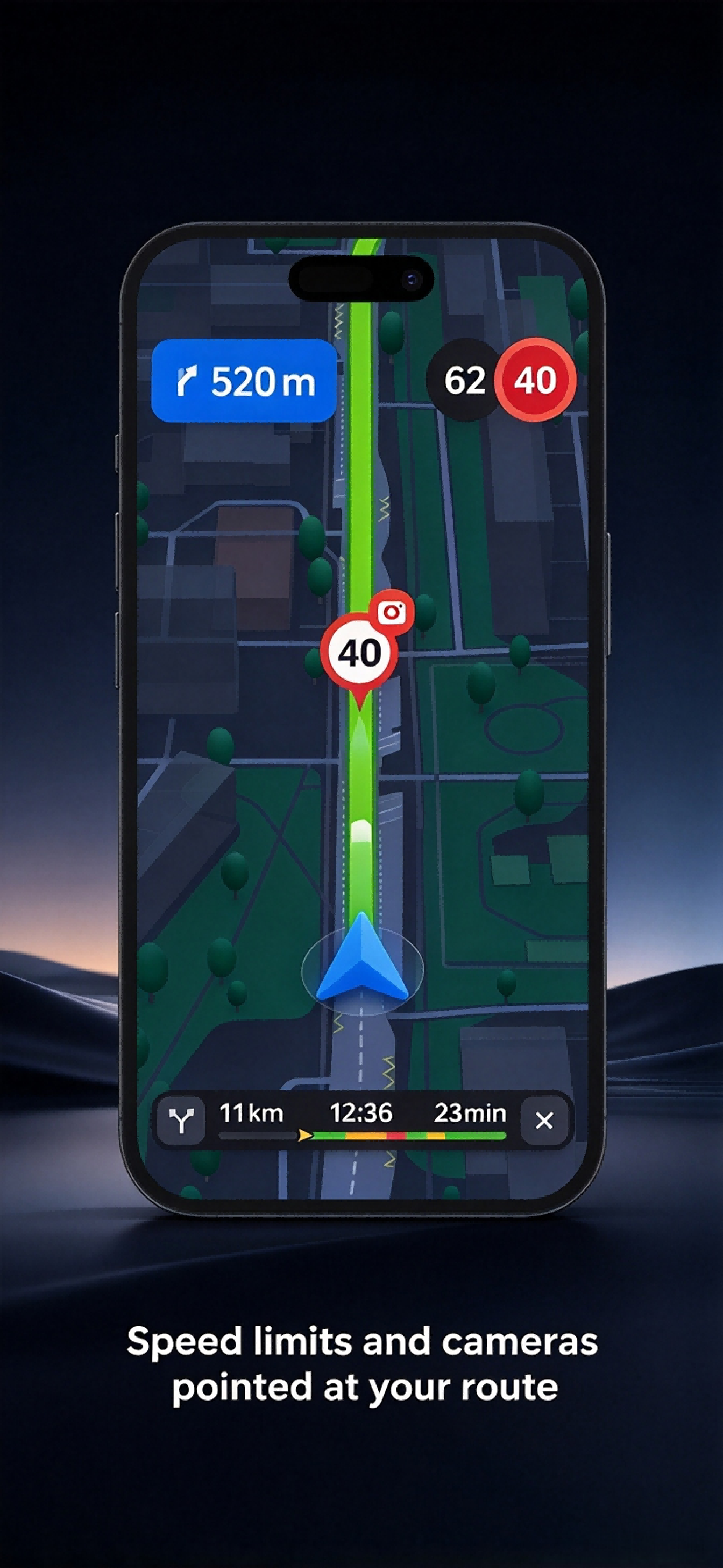 Speed limits and cameras pointed at your route