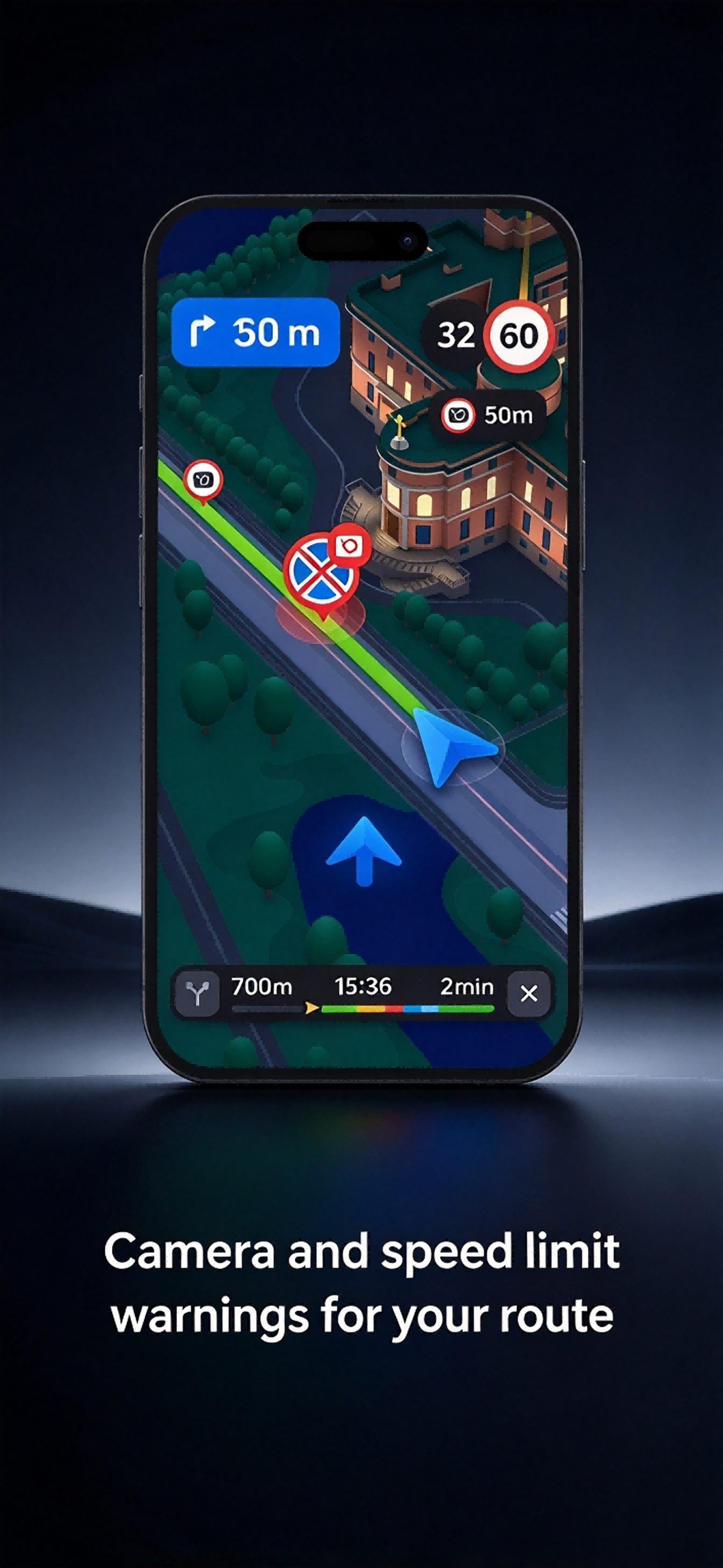 Camera and speed limit warnings for your route